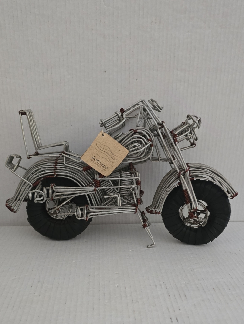 Metal Wire Motorcycle Sculpture Crafted from Twisted Silver Wire